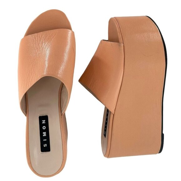 SIMON MILLER Peach Pink Faux Leather Blackout Wedge Sandals Size 43/12 - Picture 1 of 7